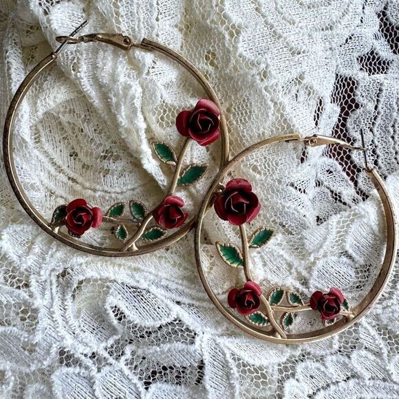Gold Tone Rose Enamel Hoop Earrings - Picture 5 of 5